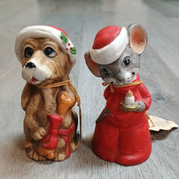 Vintage Christmas Critter Bells Porcelain Dog Mouse Set Of 2 Bisque 4 Inch - Picture 1 of 7